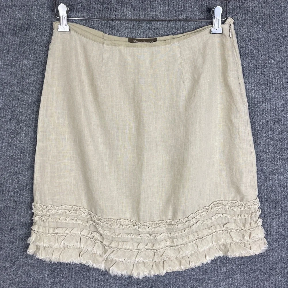 Tommy Bahama 100% Linen Skirt Womens 4 Beige Excellent Ruffle Hem Side Zip Lined